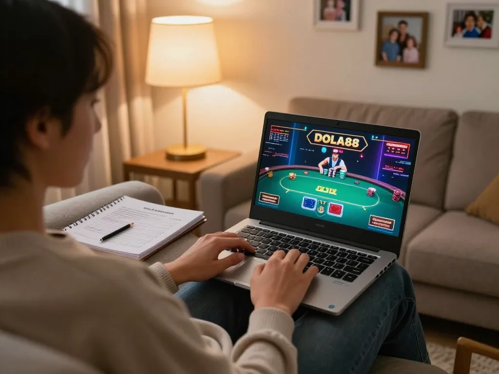 Engage with online poker gameplay at https://dola88vn.com/ in a cozy home setting.
