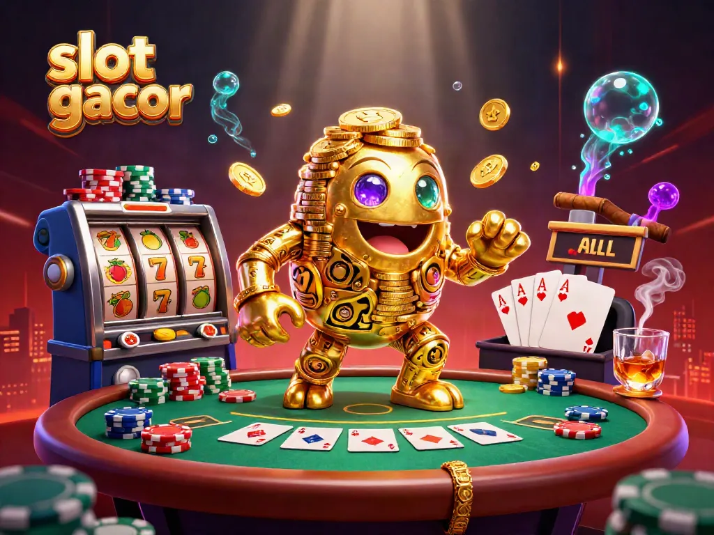 Menggunakan slot gacor untuk memenangkan jackpot dengan golem emas bertumpuk koin.