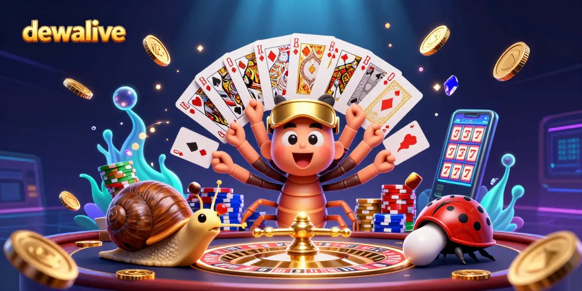 Main dealer dewalive dengan kartu dan tumpukan chip berkilauan dalam suasana kasino yang meriah.