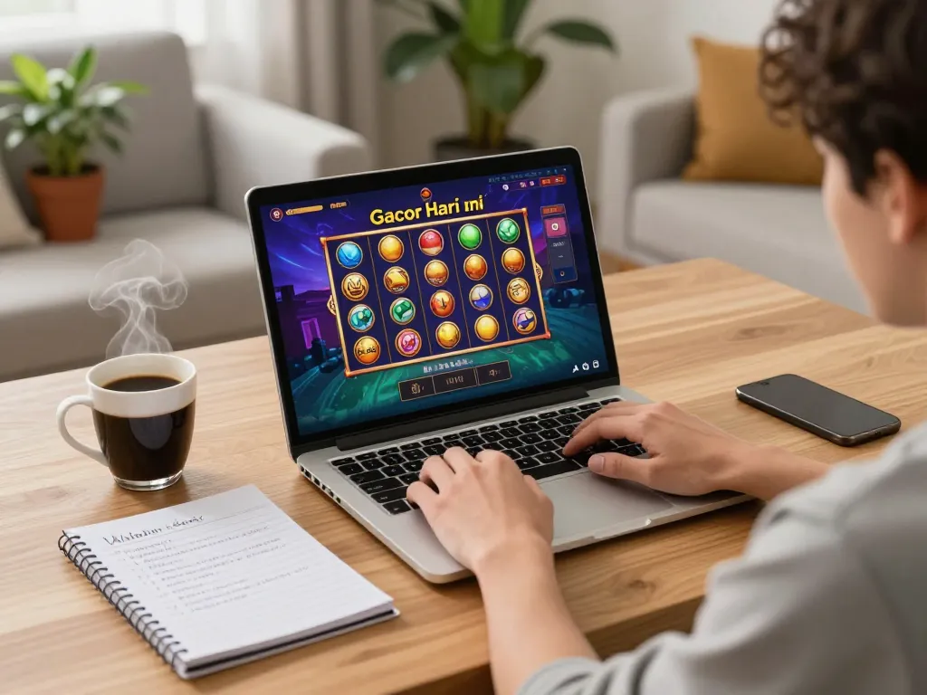 Engaging gameplay of slot gacor hari ini on a laptop in a cozy home setting.