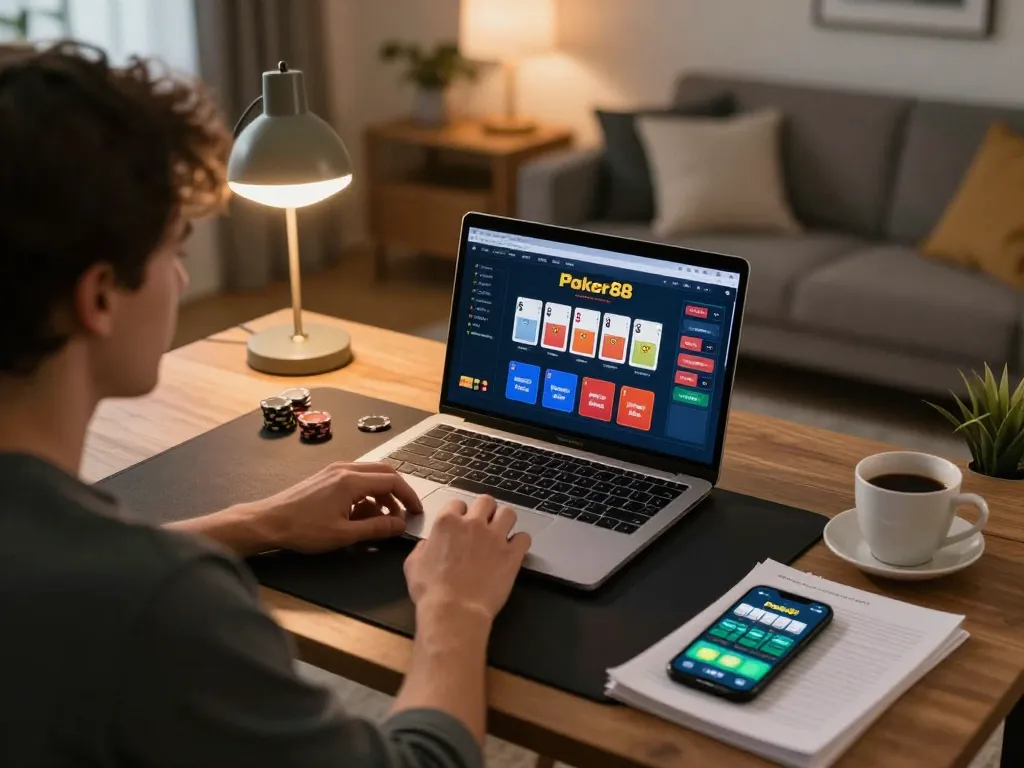 Player enjoying a Poker88 online game at home, showcasing focused gameplay and strategy notes for responsible gambling