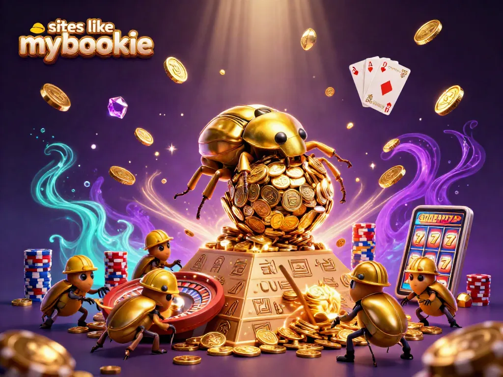Experience sites like mybookie with golden dung beetles rolling coins in a vibrant casino scene.