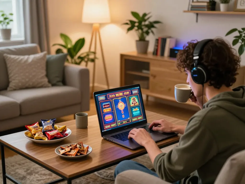 Engaging gamer using laptop for online slots on gameradar platform in cozy home setting
