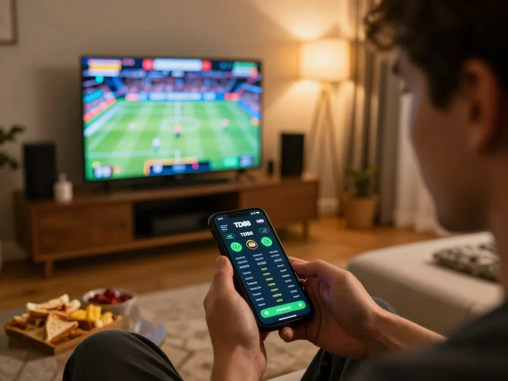 Person using TD88 betting app on smartphone, engaged in mobile sports betting