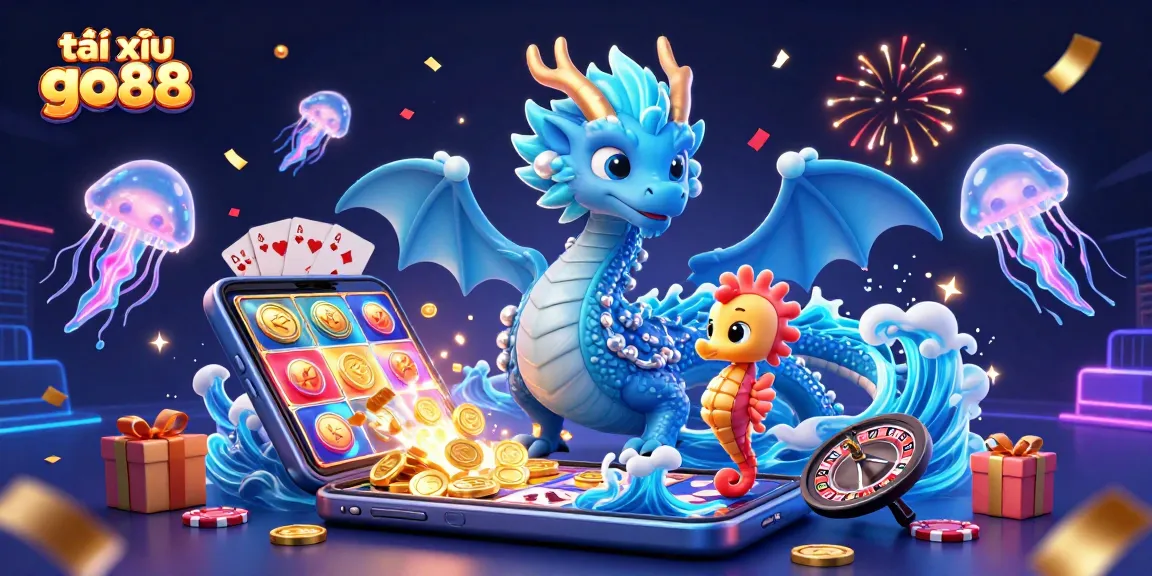 Tài xỉu go88 showcases a vibrant casino scene with a dragon and seahorse amidst glowing casino elements.
