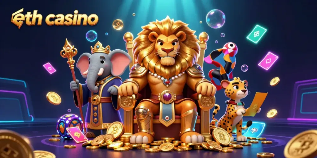 Engage in the thrilling experience at an eth casino with a majestic lion king and vibrant gaming elements.