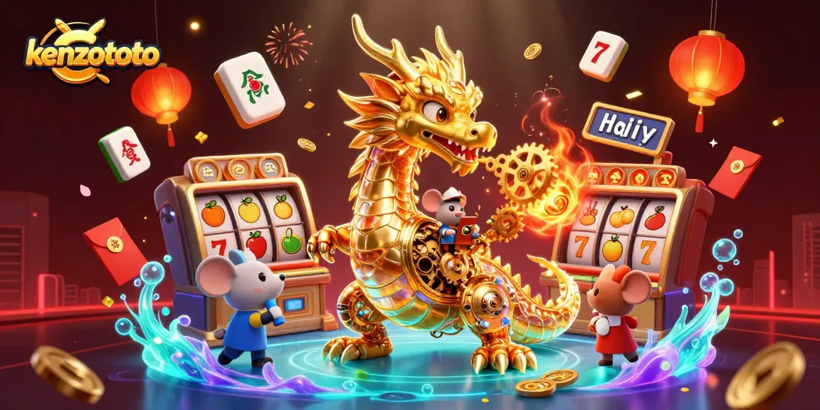 Play exciting Kenzototo slot games featuring golden dragons and jackpot reels in a vibrant 3D scene.