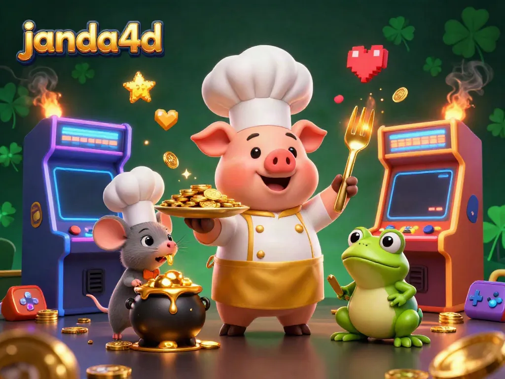 JANDA4D menyajikan gambar kartun 3D chef babi dan elemen kasino menarik lainnya.