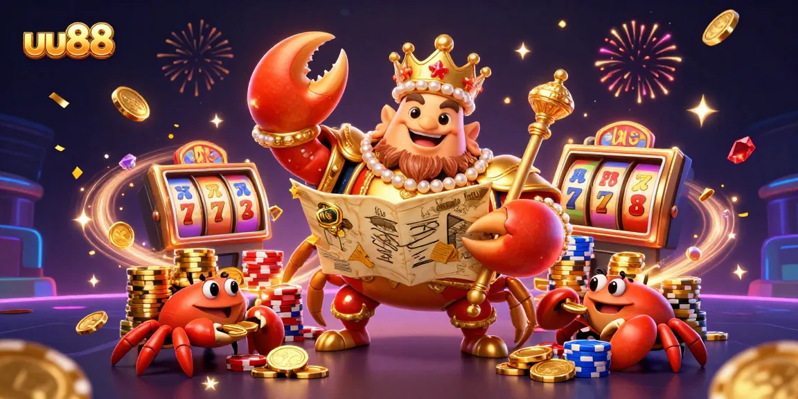 uu88 engages players with a vibrant 3D casino scene featuring a golden crab emperor and slot reels