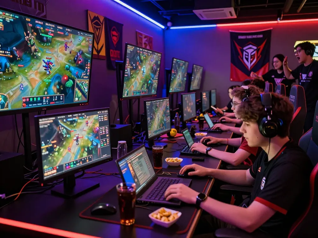 Dota 2 betting action in a vibrant esports lounge with gamers analyzing live matches.