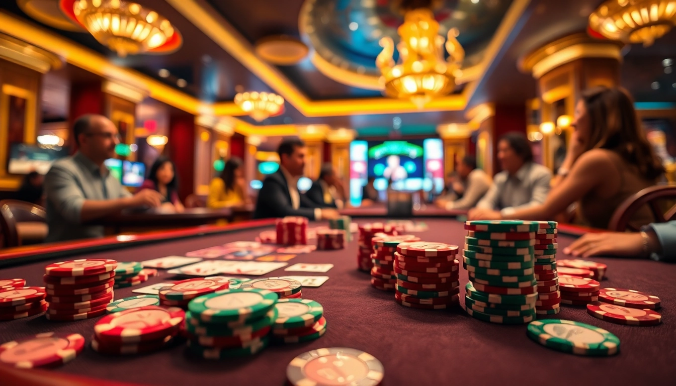 Situs toto menampilkan suasana kasino yang hidup dengan chip dan kartu menarik.