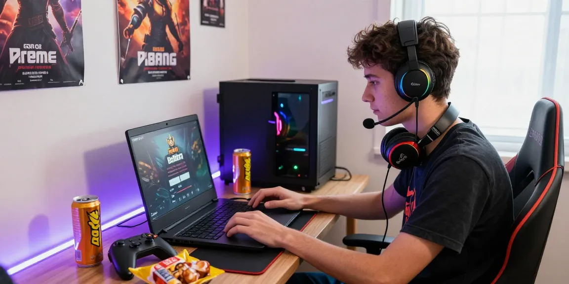 Excited gamer logging into Raja Game on laptop with snacks and drinks nearby.