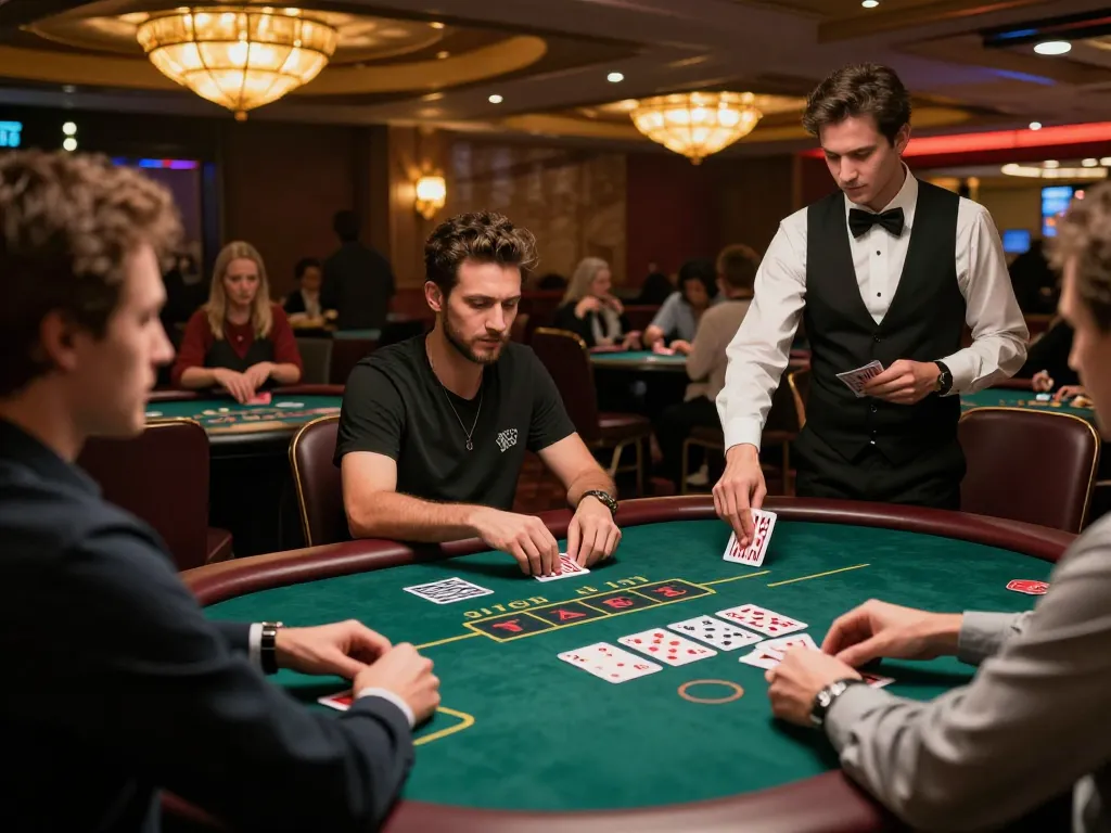 Experience intense gameplay at LuckyIndex's vibrant blackjack table, showcasing strategic betting and player interactions.