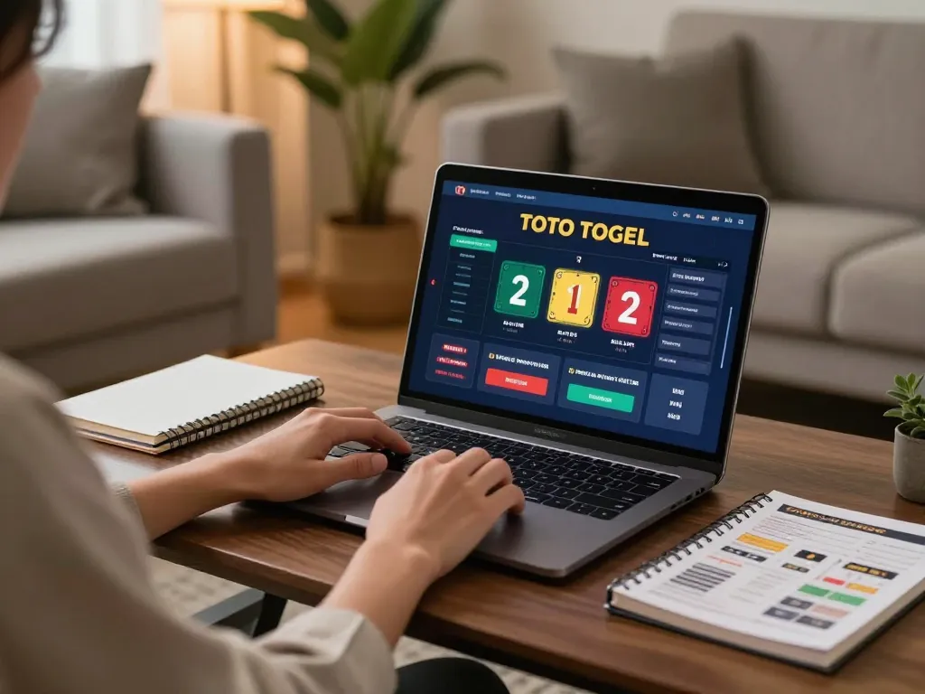Berinteraksi dengan toto togel di laptop di rumah modern yang nyaman, menampilkan permainan daring yang strategis.