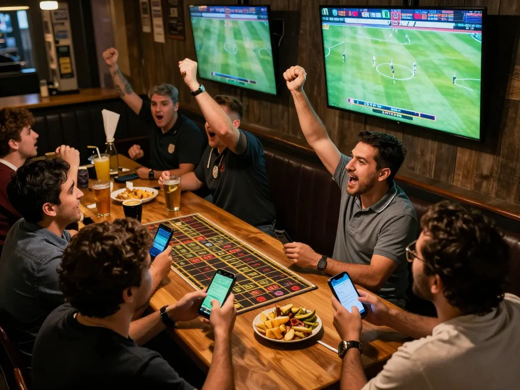 Soi kèo excitement captured in a lively sports bar with fans cheering and placing bets