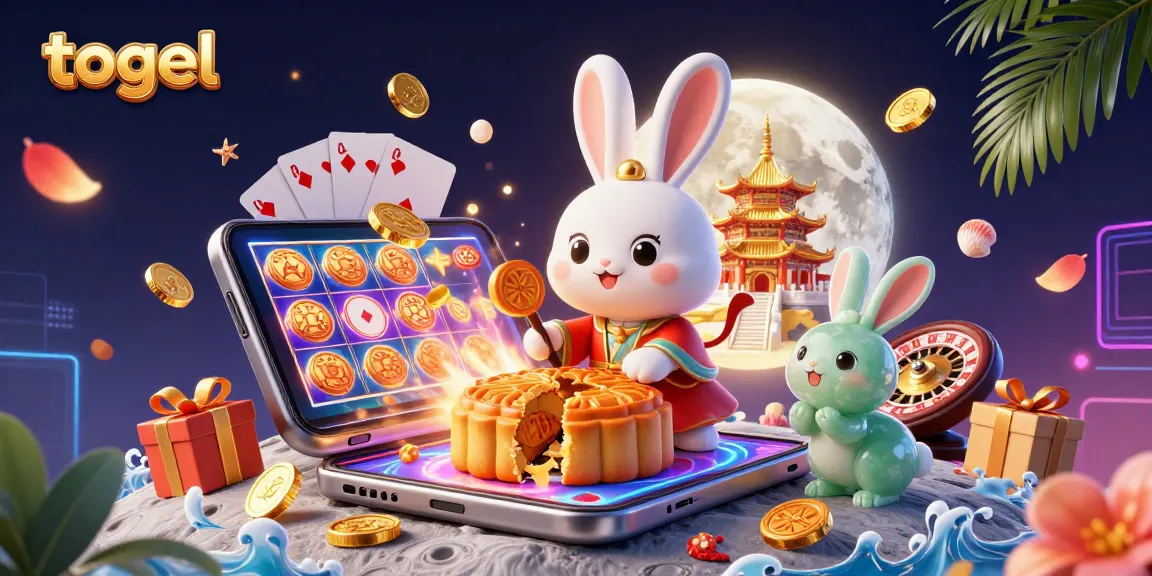Engaging "togel" scene featuring a 3D moon rabbit with casino elements like poker chips and slot games.