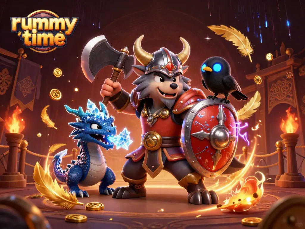Engage with rummy time as a Viking wolf and dragon animate a thrilling card gaming scene full of action and excitement.