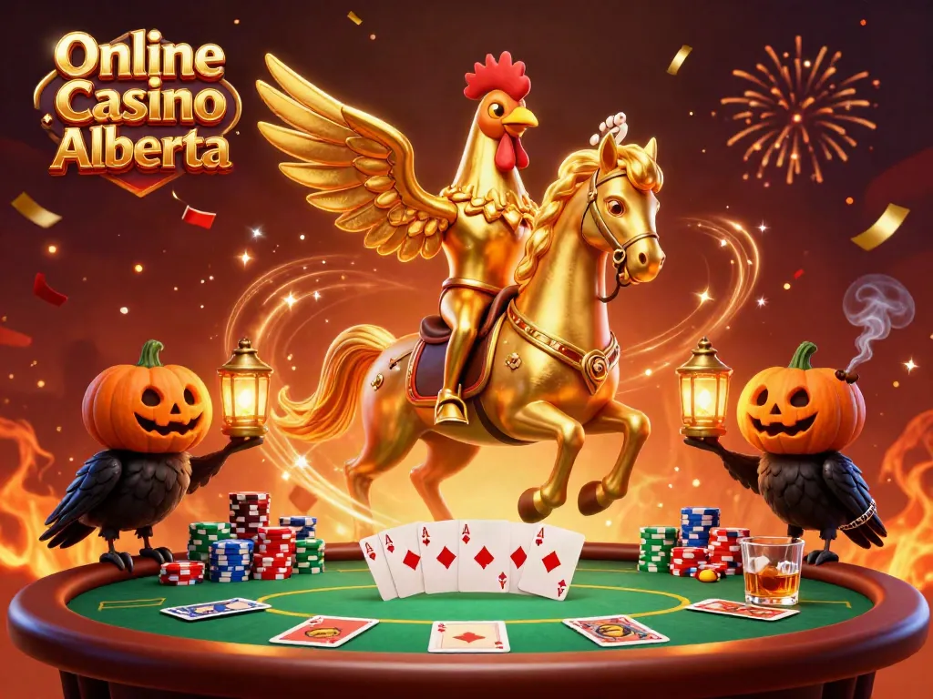 Engaging scene of Online Casino Alberta featuring a golden rooster and poker elements in a vibrant casino setting.