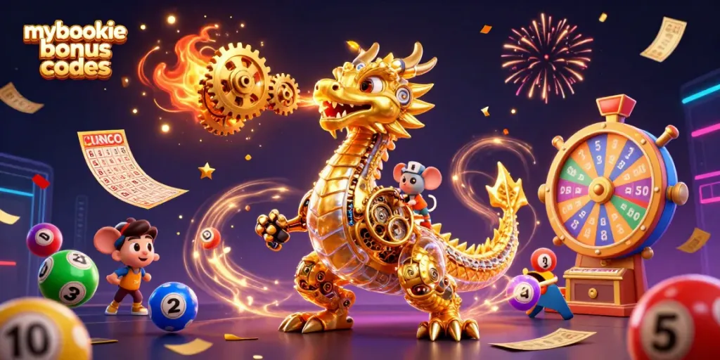 Claim exciting mybookie bonus codes with a colorful and dynamic 3D casino scene illustration.
