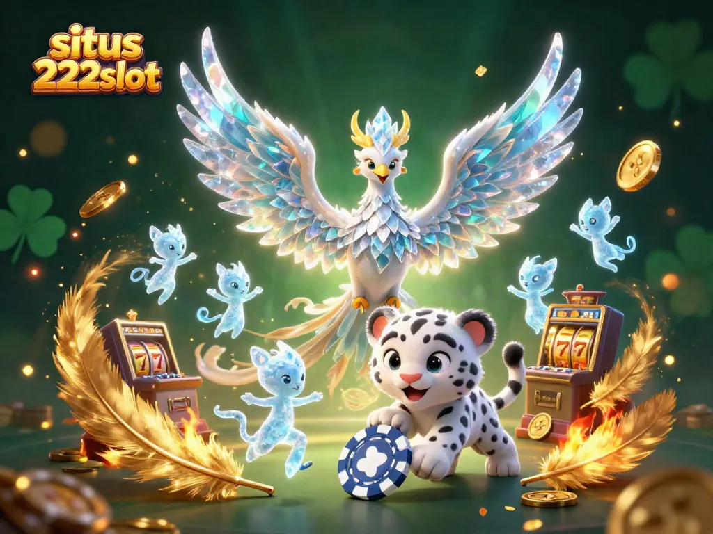 Permainan menarik di situs 222slot, slot mesin, dan simbol beruntung dalam ilustrasi 3D.
