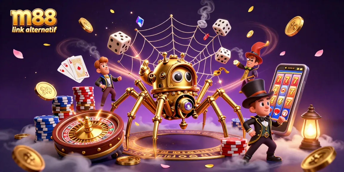 Engage with m88 link alternatif through gaming excitement, featuring vibrant characters and casino elements.
