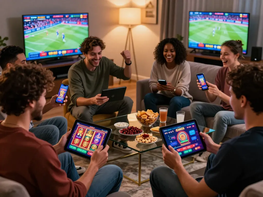 Dynamic online gaming experience at https://god55.agency/ featuring players enjoying casino games in a cozy living room setting, showcasing user-friendly interface and vibrant atmosphere.