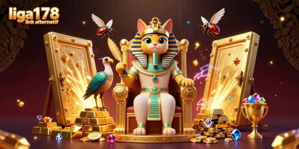 Ilustrasi kasino digital yang menampilkan liga178 link alternatif dengan elemen permainan emas dan karakter berkualitas tinggi.