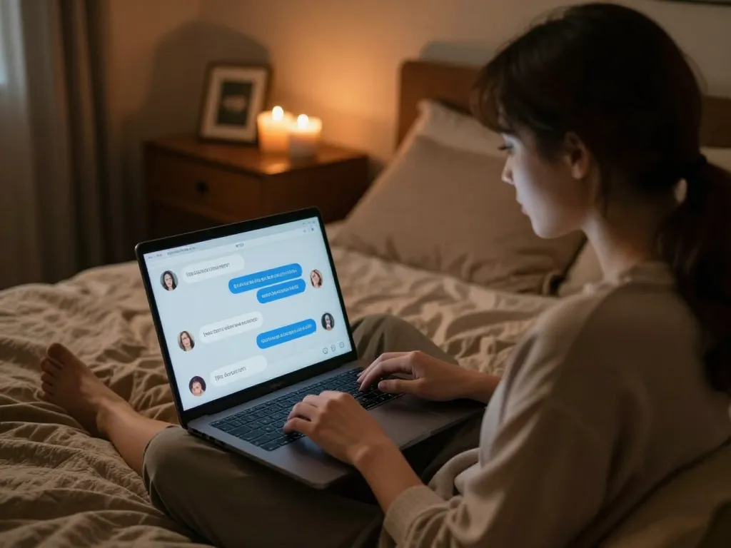 Engaging NSFW AI chat experience on a user's laptop in a cozy bedroom setting.
