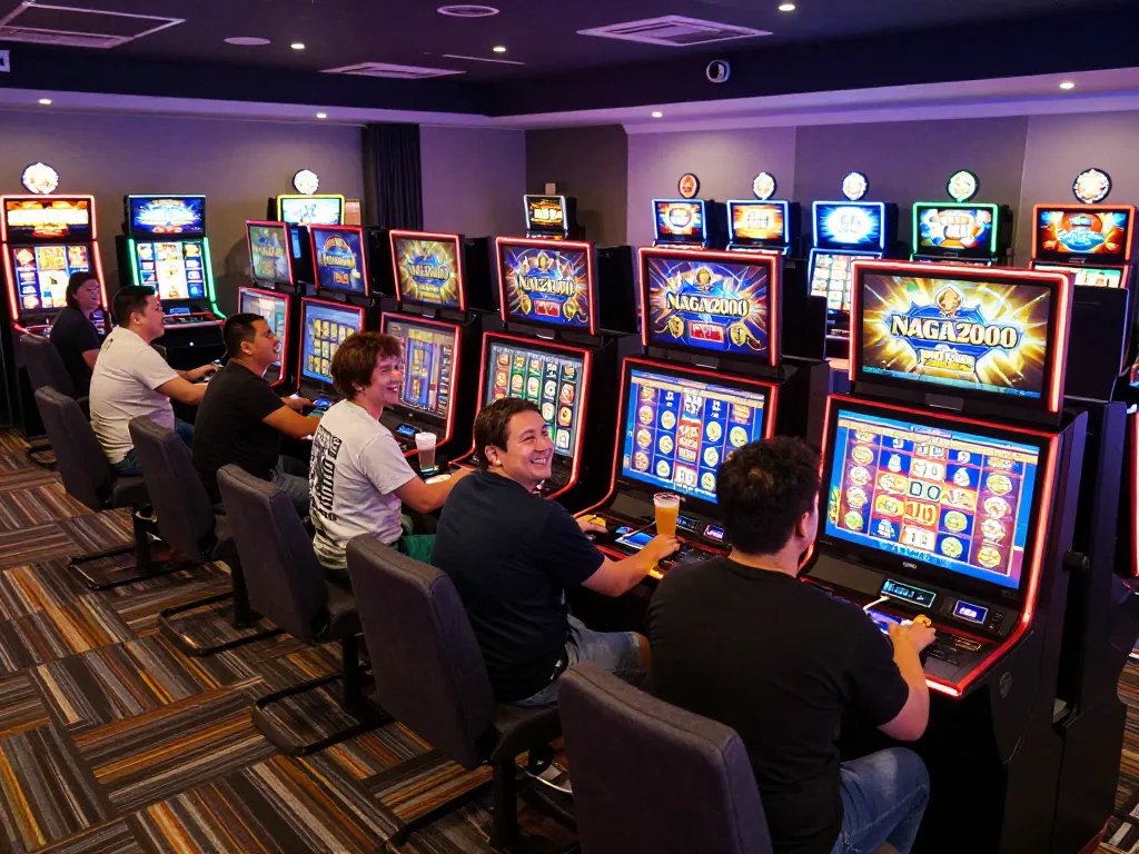 NAGA2000 players celebrating wins at vibrant online casino with multiple slot machines