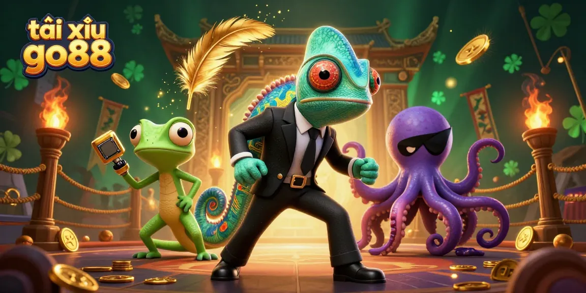 Engage with tài xỉu go88 through this vibrant illustration featuring a secret agent chameleon and high-tech gecko.