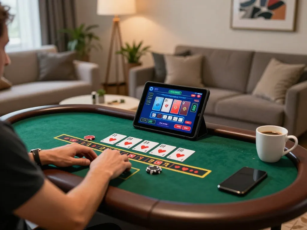 Engaging in a live dealer game of คาสิโนสด Z16 on a tablet in a cozy gaming setup.