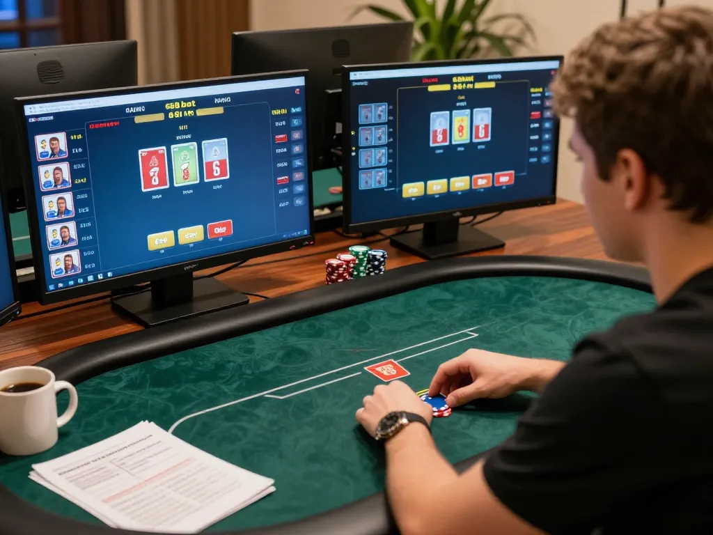 Intense online poker game on 388bet app featuring multiple screens and strategic betting.