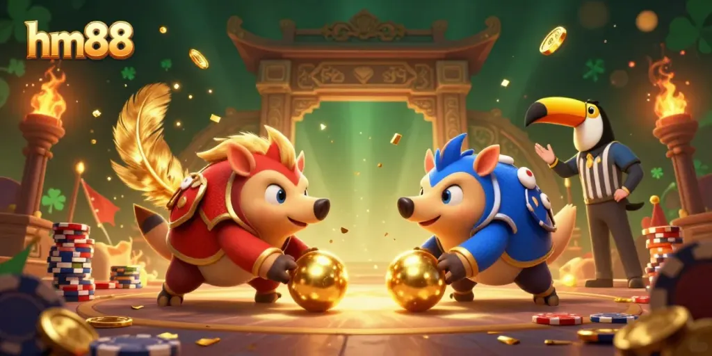Feel the excitement at hm88 as pair of rival pangolins bowl through poker chips in an energetic casino scene.