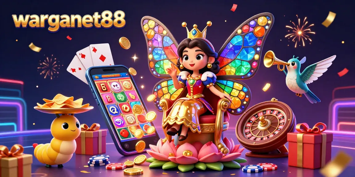 warganet88 showcases a dazzling butterfly queen in a 3D casino scene, amidst vibrant slots and confetti.