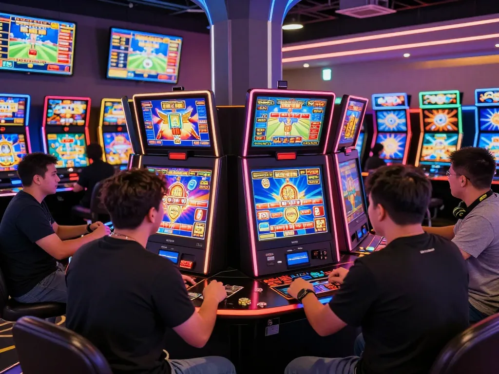 Suasana kasino virtual yang menarik menampilkan pemain yang menikmati slot gacor hari ini dengan grafis mesin yang cerah.