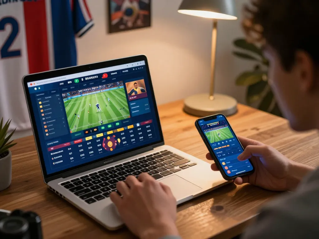 Engaged user analyzing tỷ lệ bóng đá kèo nhà cái on sports betting apps, action-packed online gambling scene.