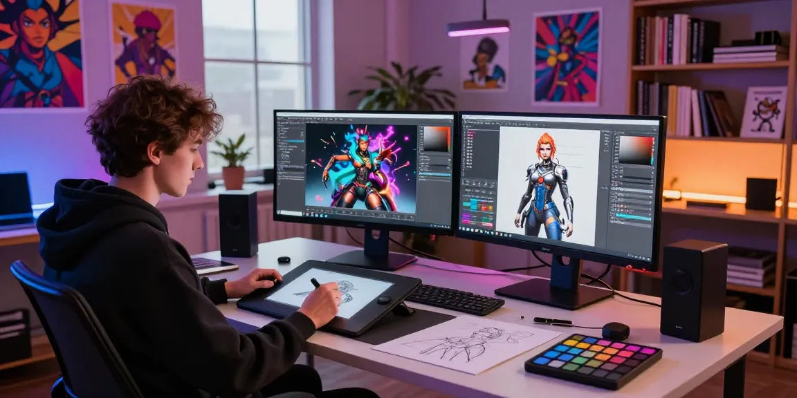 Creative artist generating NSFW AI designs in a vibrant digital studio environment.