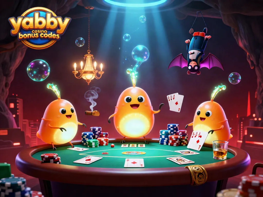 Engage with yabby casino bonus codes in an animated casino scene with glowworms and poker elements.