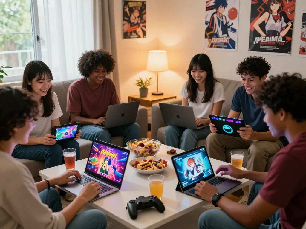 Friends enjoying a lively gaming session with sex games and adult visual novels in a cozy living room.