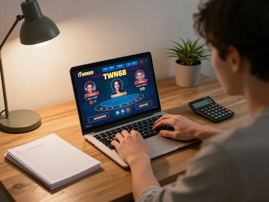 TWIN68 user engaged in strategic online poker gameplay on laptop in cozy home setup