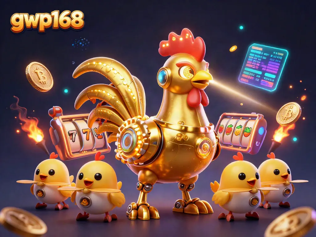 GWP168 memberi pengalaman bermain slot interaktif dengan robot ayam futuristik dan simbol judi.