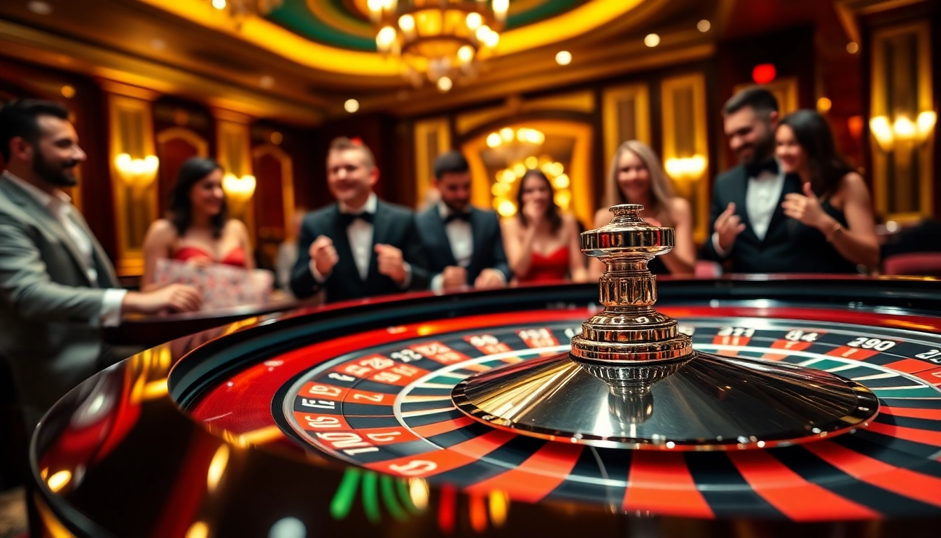 Place your bets at a vibrant Casino roulette table with players in high-stakes excitement.
