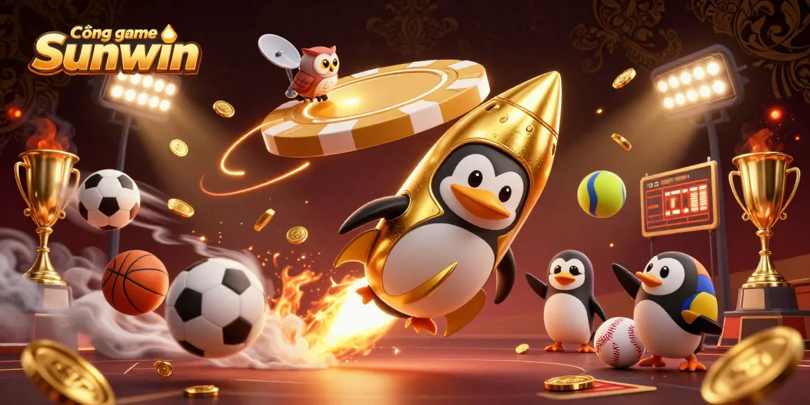 Cổng game Sunwin showcases a dynamic 3D illustration of a golden penguin soaring through space to a casino chip structure, symbolizing the excitement of online gaming.