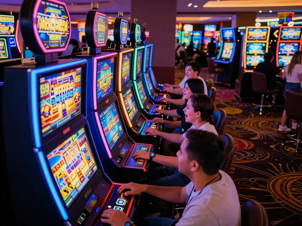 Excited players engaging with Slot88 machines in a lively casino atmosphere