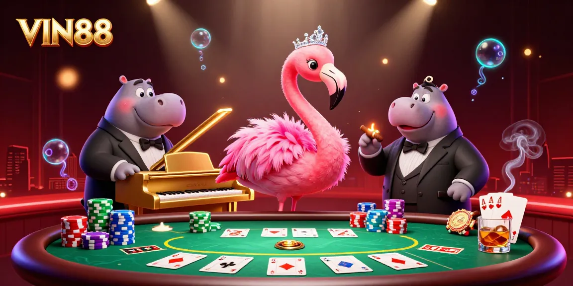 Experience thrilling poker action with the vibrant VIN88 casino scene, featuring colorful chips and lively characters.