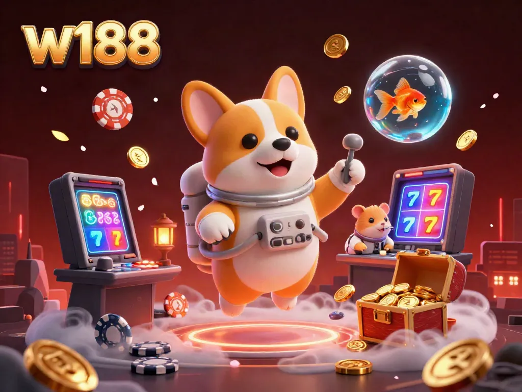 Experience the magical world of w188 with 3D floating colorful casino elements and characters.