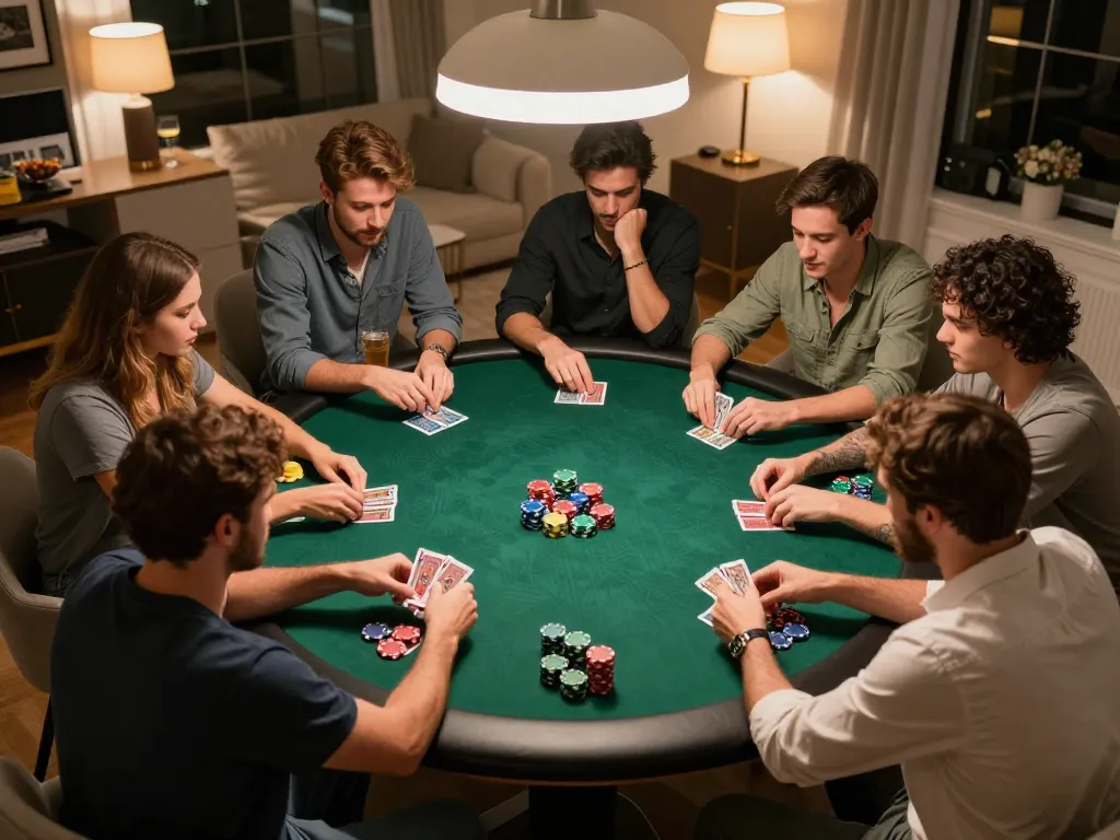 Friends enjoying poker night focused on cm8888 strategy with colorful chips and cards