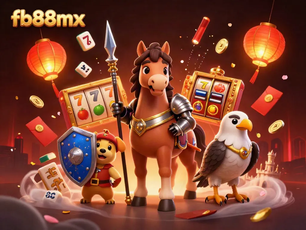 Experience the excitement of fb88mx with a vibrant 3D casino scene featuring knights and game symbols.