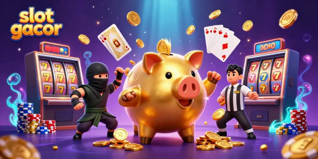 Experience thrilling wins with a dynamic scene of slot gacor featuring vibrant characters and sparkling casino elements.