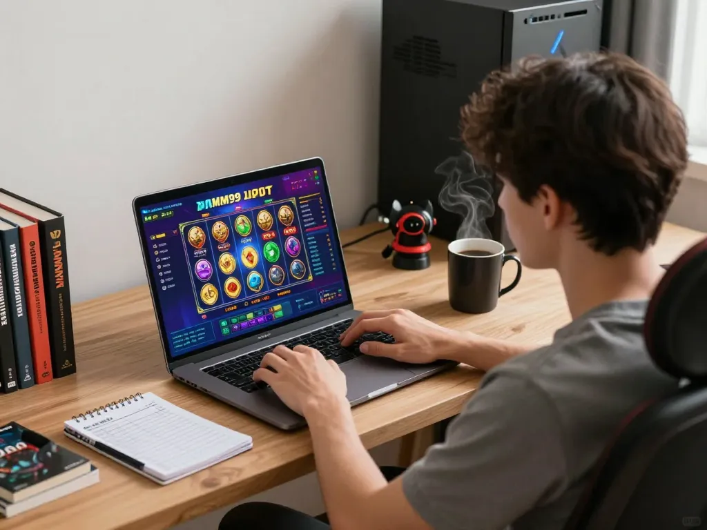 Engaging player enjoying MM99 Slot on laptop in a cozy home office environment, showcasing strategic gaming.